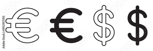 Dollar and euro currency icon vector, outline and solid style, cash concept icon, internet money payment symbol, bank wallet earnings icon, transparent background
