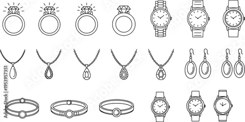 Elegant collection of jewelry line icons featuring diamond rings wrist watches necklaces earrings and bracelets for luxury fashion beauty retail and wedding concept
