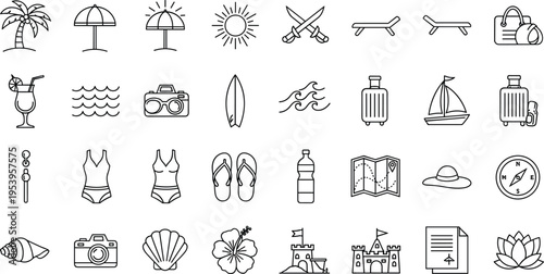Large collection of summer beach line icons featuring palm trees umbrellas surfboards sandcastles and travel accessories for tropical vacation tourism and coastal lifestyle concept