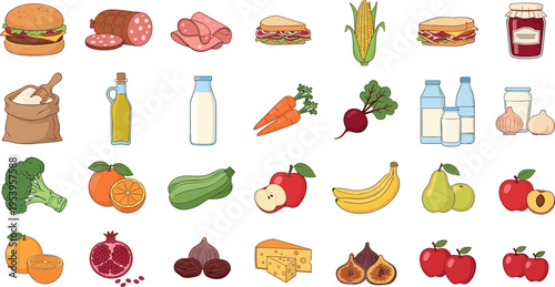 Grocery Food Vector Collection with Meat, Vegetables, Fruits, Dairy, Bread and Pantry Products Isolated Healthy and Fresh Ingredients Set