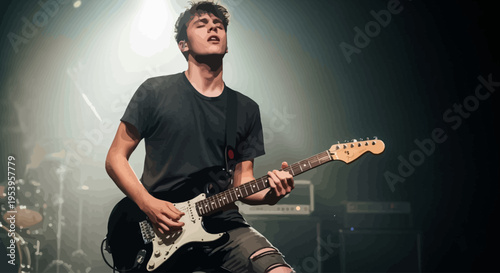 Man playing electric guitar on stage.