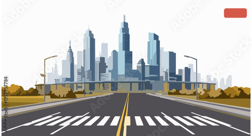 Autumn Business Cityscape with Highway and Skyscrapers Fall Urban Vector Illustration