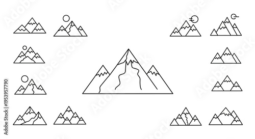 Mountain peaks in simple line art.