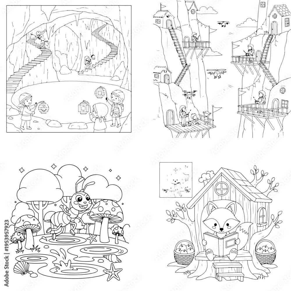 Naklejka premium Nature & animal coloring book: pond life, forest friends, treehouse, and abstract trees