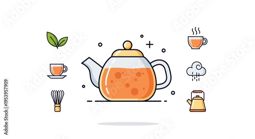 Teapot with tea and accessories around.