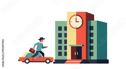 Businessman rushing towards office building with clock illustration