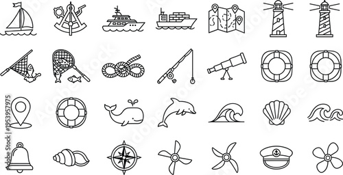 Nautical Icon Set Featuring Marine Symbols Ship Lighthouse Compass Whale Dolphin Fishing Gear and Anchor Elements in Black Line Art Vector Illustration Style