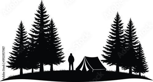 Camping, silhouette, set, forest, tent, adventure, nature, wilderness, landscape, vector, pine, trees, outdoor, travel, hiker, recreational, summer, mountain, tourism, woods.