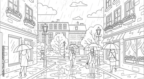 Coloring page people walking with umbrellas in rainy city street