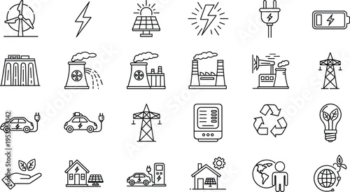 Professional set of energy line icons featuring solar panels wind turbines electric cars power plants and nuclear energy for sustainable industry and ecology concept