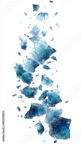A vertical arrangement of fractured icy blue ice pieces. A visual metaphor for transformation, the image is composed of many irregular polygonal shaped shards of ice. 