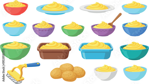 Mashed potato bowls and servings with butter and gravy vector set, creamy mashed potatoes with utensils and potatoes isolated food illustration collection
