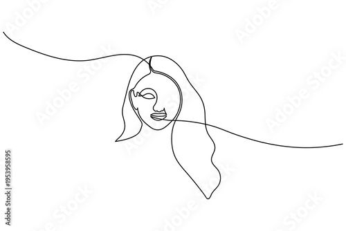 A minimalist continuous one line drawing of a woman's face. This elegant vector illustration features clean black lines on a white background, perfect for modern aesthetic designs and logos.