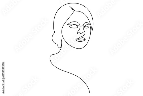 A minimalist continuous one line drawing of a woman's face. This elegant vector illustration features clean black lines on a white background, perfect for modern aesthetic designs and logos.