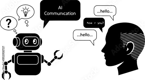  A small robot chatbot with message bubbles interacting with a human in silhouette vector.