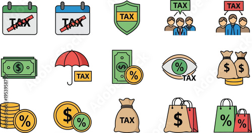 Tax related icons illustrate concepts like deadlines, protection, money, auditing,.