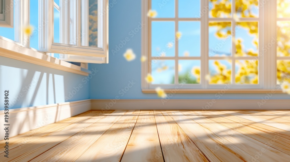 Fototapeta premium Empty room atmosphere, bright spring sunlight streaming through a window, visible dust particles dancing in the light beams, cozy warmth, blurred background