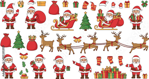 Santa Claus Christmas elements collection with sleigh reindeer gifts sack tree and festive holiday characters flat vector illustration set