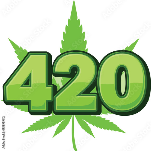 Bright green number 420 displayed prominently over a large, stylized cannabis leaf graphic.