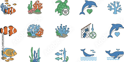 Marine Life Vector Illustration Showing Fish Dolphin Whale Turtle Coral and Ocean Conservation