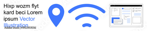 Navigation systems, wireless communication, web design, digital tools, mobile connectivity, and internet browsing. Blue map marker, wireless icon and webpage layout. Navigation systems and wireless