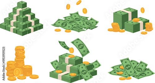 Money stacks and gold coins collection illustration featuring cash bundles, falling banknotes and coin piles representing wealth, finance, savings and investment concept