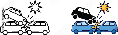 Two contrasting car accident icons illustrate the concept of collision damage, insurance.