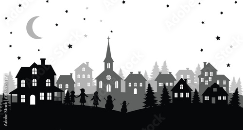 Winter, village, silhouette, Christmas, town, night, stars, moon, snowmen, kids, church, houses, forest, pine, trees, seasonal, holiday, vector, landscape, festive.