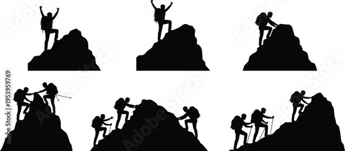 Mountain, climbing, silhouette, set, hiker, mountaineer, teamwork, peak, rock, climbing, adventure, outdoor, hiking, summit, reach, top, success, goal, achievement, vector.