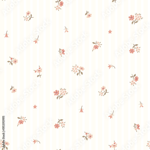 Seamless floral pattern, ditsy flower pattern, fabric print in vintage style on yellow stripe background, timeless floral, small ditsy flower. Surface design for home textile, wallpaper pattern