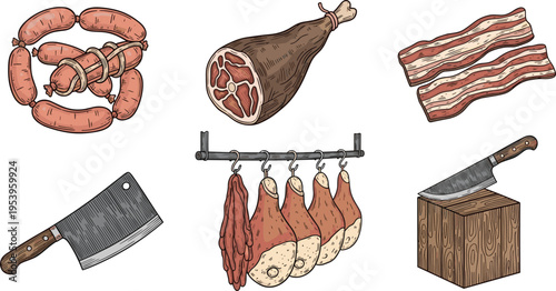 Meat Vector Illustration Showing Sausage Ham Bacon Cleaver and Butcher Knife