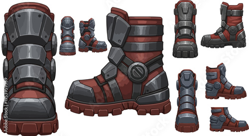 Set of 8 sci-fi boots vector illustrations