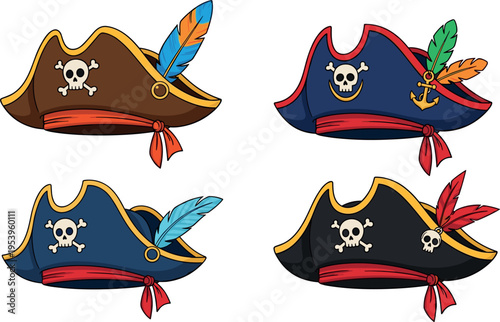Pirate captain hat collection with skull symbol and colorful feathers cartoon illustration set for pirate costume, adventure theme and children party design