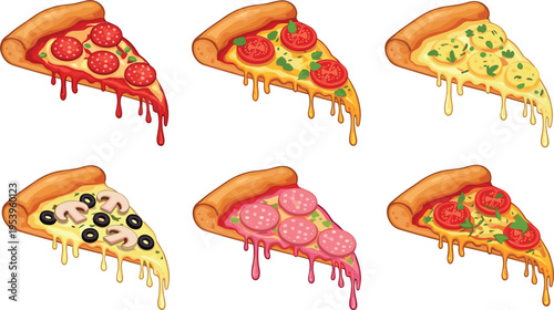 Pizza slice collection with different toppings including pepperoni, mushroom, cheese, tomato, and salami dripping melted cheese vector food illustration set