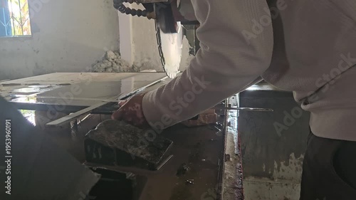 Industrial CNC machine, Stone Cutting Machine in Workshop, Worker Processing Marble or Granite Slab, Construction Material Fabrication, Heavy Machinery Operation, Manufacturing Industry 4K Footage