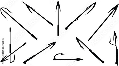 Hand Drawn Harpoon and Fishing Spear Set with Directional Arrows, Marine Hunting Tools Collection for Ocean, Fishing, and Vector Illustration Design