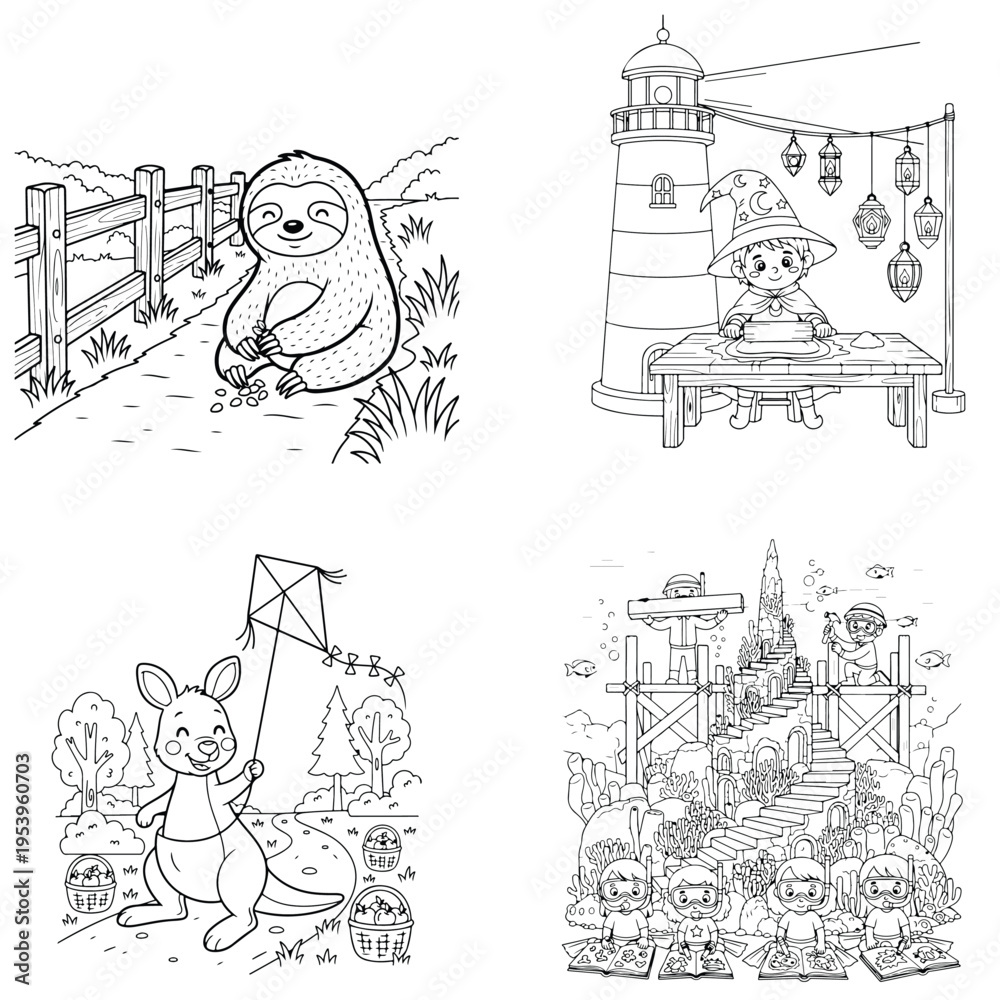 Fototapeta premium Charming sloth, kangaroo with kite, and detailed cityscape coloring pages for kids