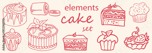 vector set of different cake types . line art . cake elements set . sketches cake art . vector illustration