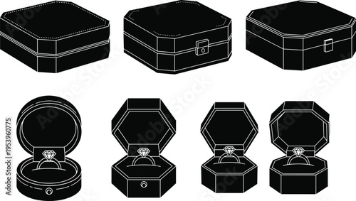 Ring box vector illustration set, closed and open jewelry packaging, diamond ring display design, wedding engagement concept, cad drawing flat vector illustration