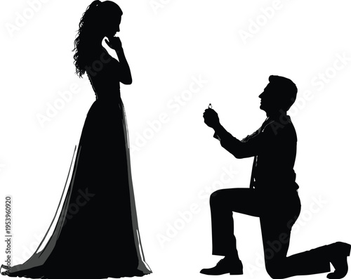 Romantic marriage proposal silhouette, man kneeling with ring, woman in dress reacting emotionally, love commitment vector illustration, engagement moment artwork.