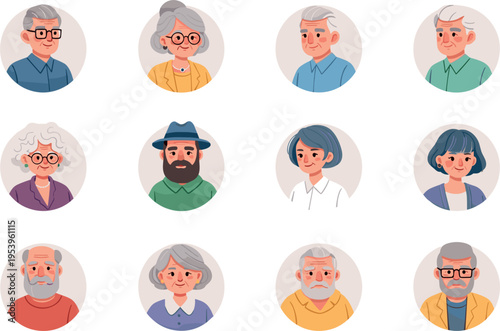 Senior people avatar collection featuring elderly men and women portraits diverse old age characters illustration set for community, retirement and healthcare themes