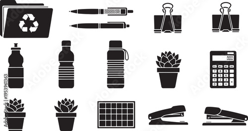 Eco-Friendly Office Icons in White Background