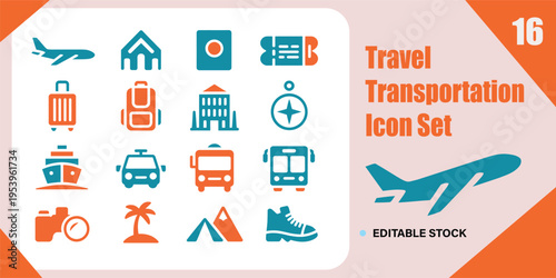 Travel Icon Set Flat Design ,Travel and Transportation Icons Collection
