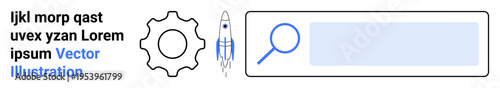 Technology, innovation, usability, user interfaces, functionality, product development. Gear, rocket magnifying glass and blank text placeholder. Technology and innovation concept