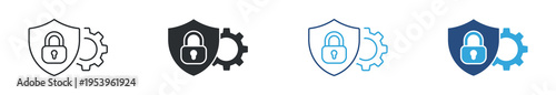 Security system icon set. Shield with padlock and gear, cybersecurity, protection settings and system safety concept. Vector illustration.
