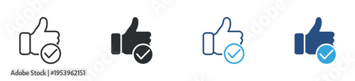Approval icon set. Thumbs up with check mark, like, confirmation and positive feedback concept. Vector illustration.