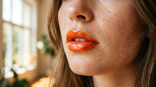 Close-up of freckled face with glossy orange lipstick in natural light portrait.