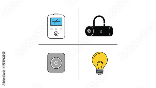 Icons representing security, access control, and ideas or power sources