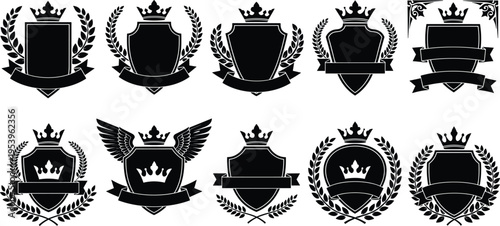 Set of heraldic shield emblems, decorative crests with crowns, laurel wreaths, banners, ornamental flourishes, black vector illustration, classic noble design artwork