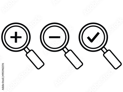 Magnifying glass with zoom in out check mark graphic